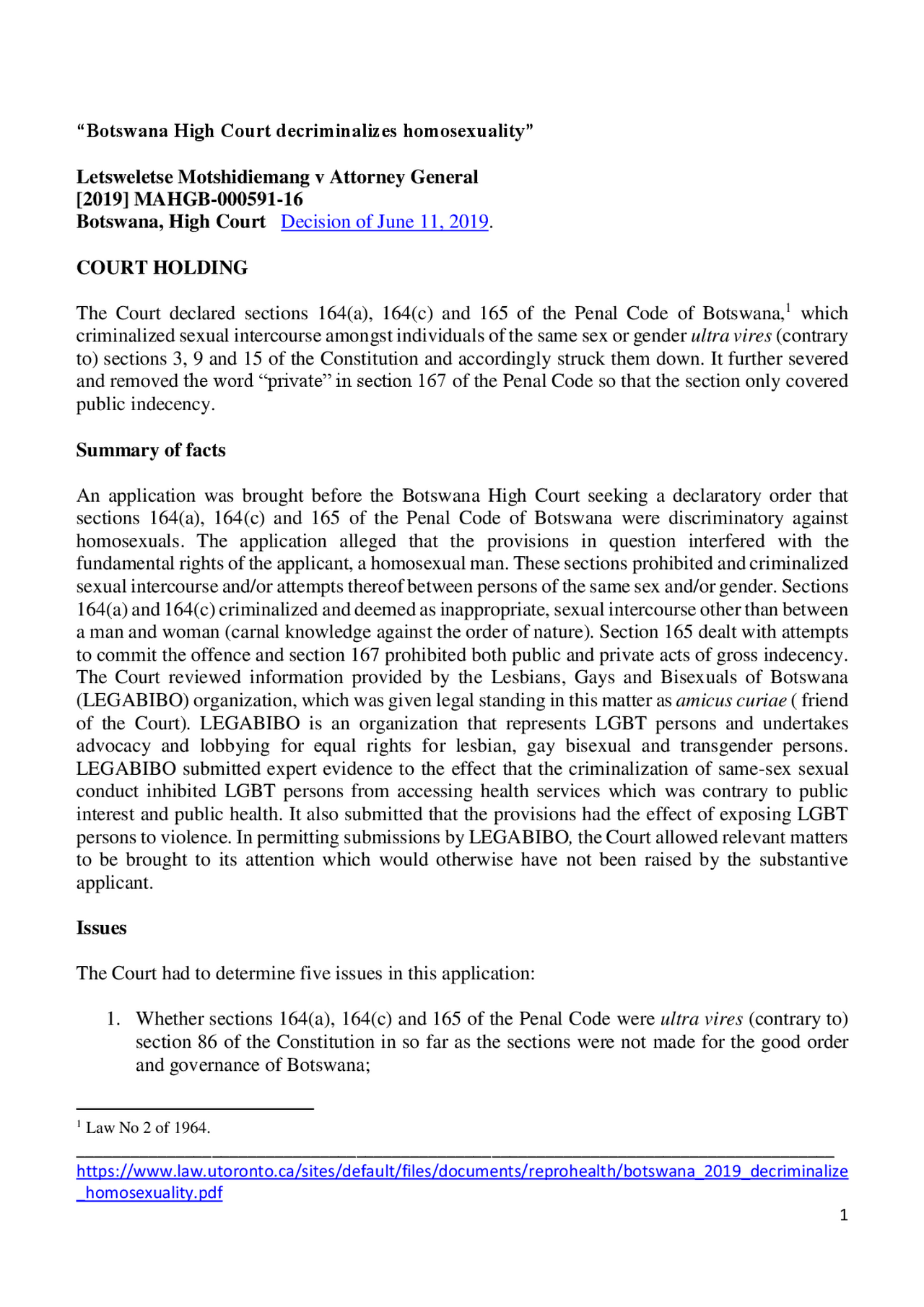 Sexual Diversity Botswana decriminalize homosexuality 2019