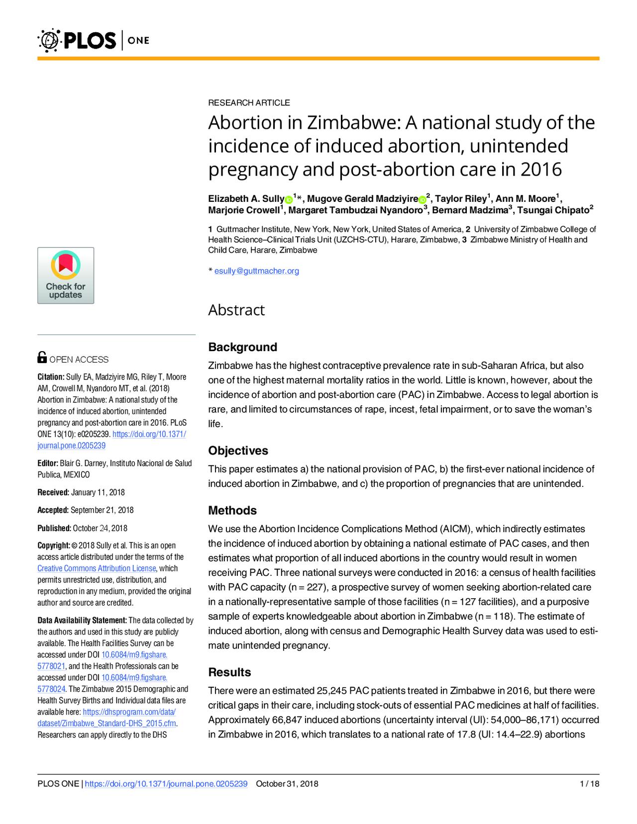 Zimbabwe: Abortion Incidence Study 2018